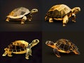 A lighting gold low polygon model of a turtle standing 4 styles on the black background.