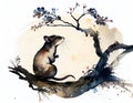 The cat, one of 12 chinese zodiac animal, sit and watch the sky and painted in the way of chinese style.