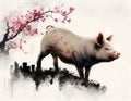 The pig, one of 12 chinese zodiac animal, painted in the way of chinese style. Royalty Free Stock Photo