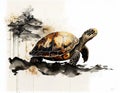 The turtle painted in the way of chinese style with chinese castle in background.