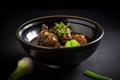 AI generated appetizing Adobo in a dark green bowl