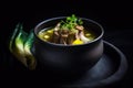 AI generated appetizing Bulalo soup made with leafy vegetables and corn on the cob and beef shanks filled with bone marrow in a Royalty Free Stock Photo