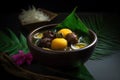 AI generated appetizing Filipino kakanin in a dark green bowl
