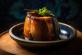 AI generated appetizing lechon spit-roasted pig in a dark green bowl