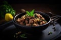 AI generated appetizing Pork Sisig in a dark green bowl Royalty Free Stock Photo
