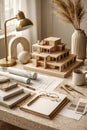 Architect Creative Workspace With Wooden Scale Model Blueprints And Design Tools Royalty Free Stock Photo
