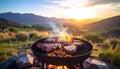 Ai-Generated Argentinian Asado Grill at Mountain Sunset Landscape Royalty Free Stock Photo