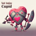 AI generated armored cute heart character protects himself Using Shields For Selfdefense. Not today Cupid. AI generated