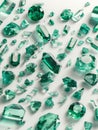 Ai Generated Different Shape And Form Emeralds Saphire Stones Thrown on A White BAckground Flatlay View