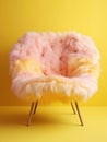 Ai Generated Art Fluffy cozy furry pink and yellow chair with wooden legs isolated on bright yellow background Royalty Free Stock Photo