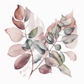 Ai Generated Art Watercolor Abstract Leaves and Branches against White Background in Pastel Green and Pink