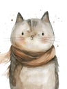 Ai Generated Watercolor Painting Of Childish Cute Grey Cat in a Scarf in Pastel Colors Isolated On White Background Royalty Free Stock Photo