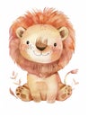 Ai Generated Watercolor Painting Of Childish Happy Orange Lion Baby in Pastel Colors Isolated On White Background