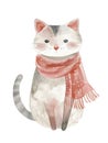 Ai Generated Watercolor Painting Of Childish Sad Grey Cat in a Scarf in Pastel Colors Isolated On White Background Royalty Free Stock Photo