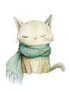 Ai Generated Watercolor Painting Of Childish Sleepy Grey Cat in Green Scarf in Pastel Colors Isolated On White Background Royalty Free Stock Photo
