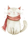 Ai Generated Watercolor Painting Of Childish Sleepy Grey Cat in Red Scarf in Pastel Colors Isolated On White Background Royalty Free Stock Photo