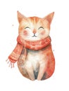 Ai Generated Watercolor Painting Of Childish Sleepy Orange Cat in Red Scarf in Pastel Colors Isolated On White Background Royalty Free Stock Photo