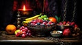 AI Generated Artistic Still Life Fruit Bowl, Candle, and Necklace Arrangement