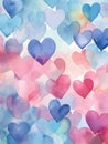 Ai Generated Art Watercolor Abstract Painting of Hearts of Various Sizes in Pink Blue and Purple colors