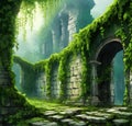 AI generated artwork consisting of green creepers spread across in the premises of ancient ruins