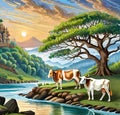 AI generated artwork of cows grazing under a tree and besides a river flowing by with a temple at the top of a hill