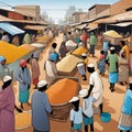 AI generated artwork of a crowded market place in a village