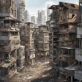 AI generated artwork depicting ruined and abandoned residential housings and new skyscrapers at a distance