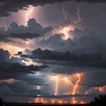 AI generated artwork depicting skies filled with dark clouds, thunders and lightnings Royalty Free Stock Photo