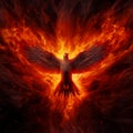 Dramatic winged dove, a representation of the New Testament Holy Spirit engulfed in flames