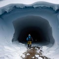 AI generated artwork of an explorer entering into a snow covered cave