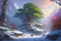 AI generated artwork of a green tree standing tall among the snowclad mountains