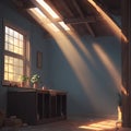 AI generated artwork of a room getting lit by golden sun rays entering through the window and broken roof