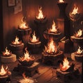 AI generated artwork of several earthen fireplaces lit brightly