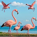 AI generated artwork of several pink colored flamingoes near a water front