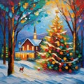 AI generated artwork showcasing a colorful Christmas Tree alongwith a reindeer and a house in the backdrop of a snowclad landscape Royalty Free Stock Photo