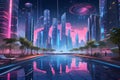 An artwork showcasing a cyberpunk-inspired futuristic cityscape