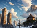 AI generated artwork of a thatched house on the cliff alongwith medieval era towers and high rising buildings among the clouds.