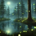 AI generated artwork of twinkling fireflies in a pond deep in jungle