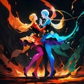 AI generated artwork of two women dancing on fire