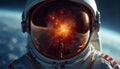 Astronaut's helmet reflecting cosmic explosion