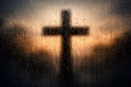 Moody Cross Silhouette Behind Rain Covered Glass At Sunset With Dramatic Light Royalty Free Stock Photo