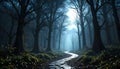 Mystical Moonlit Forest Path Leading Into A Dramatic Atmospheric Woodland Landscape Scene Royalty Free Stock Photo