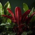 shot of a Red Banana (Ensete ventricosum), capturing its vibrant and elongated leaves by AI generated