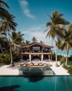 AI generated beach house among lush palm trees with swimming pool