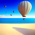 AI generated beach with multiple hot air balloons flying in the sky