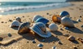 A collection of shells are on the beach, including a blue one.