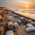 AI generated beach with trash during sunset