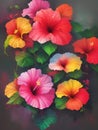 AI Generated Beautiful Abstract Digital Oil Painting of Colorful Hibiscus Flowers Royalty Free Stock Photo