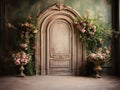 beautiful Baroque romantic Garden background prop for photo manipulation , empty , beautiful flowers ,big door ,room for copy ,