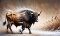 Ai generated A beautiful bull blown by a cold winter wind against the backdrop of a rural landscape